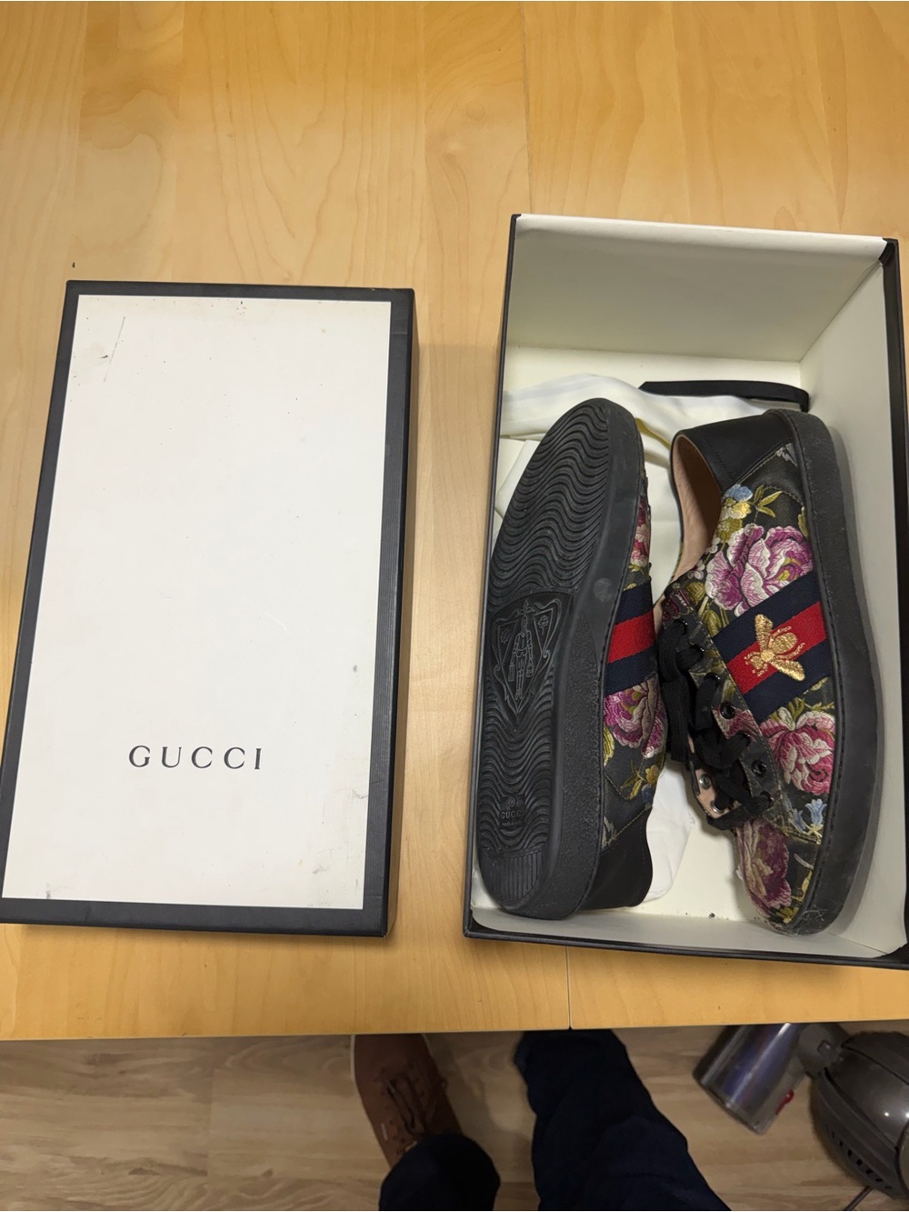 Gucci Men’s Floral Embroidered Leather Sneaker - Black/Multicolor